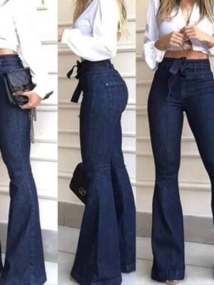 2026 European And American Export Cross-Border High-Waisted Micro-Elastic Lace-Up Flared Pants Wide-Leg Pants Women's Jeans
