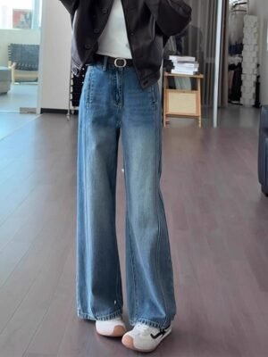 Retro Washed Slim-fit Wide-leg Jeans