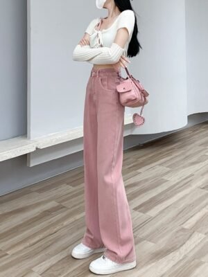 Dirty Pink Wide Leg Denim Women's High Waist Slimming Loose Straight Mop Pants