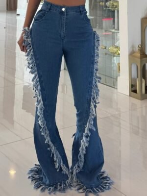 Womens Fringed Raw-edge Stretch Flare Denim Jeans
