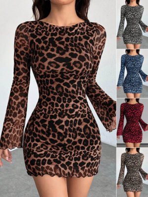 European And American Women's Clothing Leopard Print Round Neck Long-Sleeved Dress Elegant Mesh Short Skirt Vacation Seaside Dress