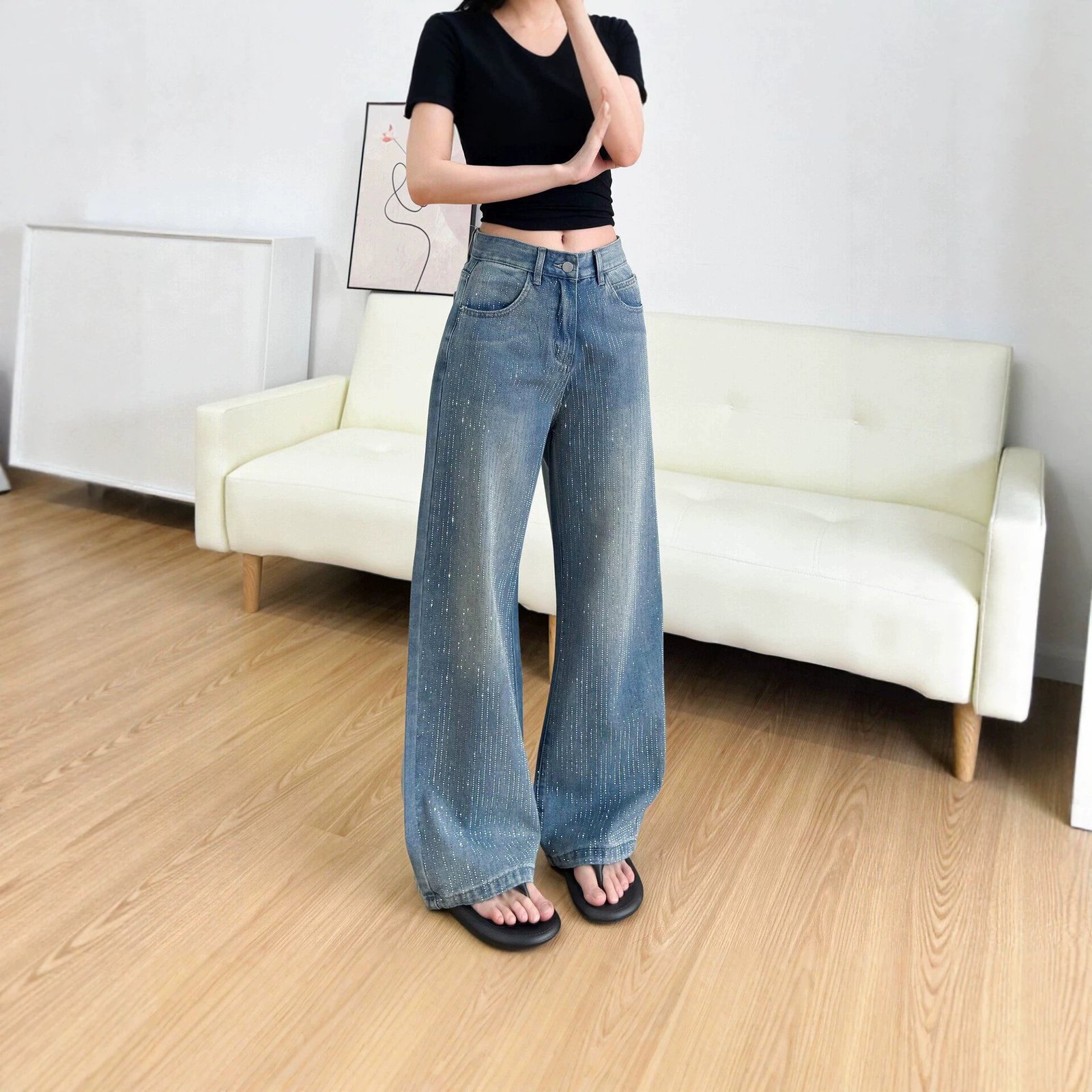 Womens Fashionable Rhinestone-Embellished Loose-Fit Straight-Leg Jeans ā Image 5