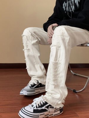 Fake Ripped Jeans Men's Slim Straight Bootcut Trousers