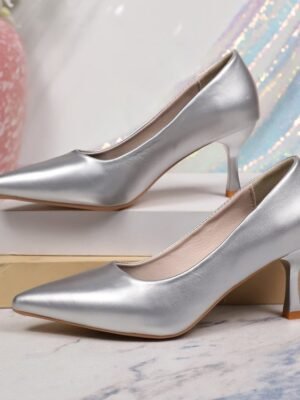 Women's Plus Size Silver Pointed Toe High Heels, Spring New Arrival Thin Heel Patent Leather Pumps, Professional & Wedding Party Shoes