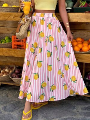 Womens Casual Striped Colorful Fruit-print A-line Dress