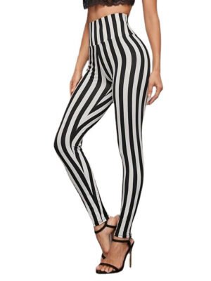 Vertical Stripes High Waist Leggings Cropped Skinny Pants