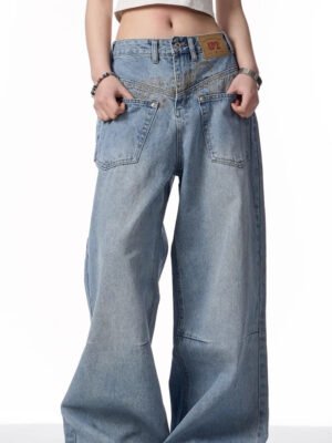 Retro Reverse-wear Design Washed Denim Jeans