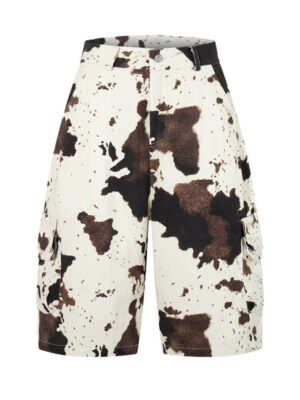 American-style Retro Cow-Motif Multi-Pocket Workshorts For Women
