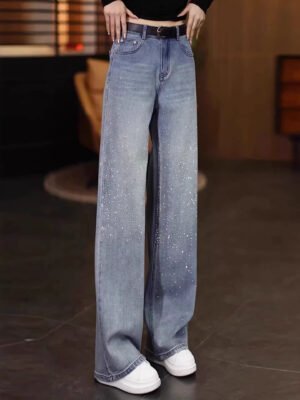 Womens Hot-Stone-Embellished Wide-Leg Jeans
