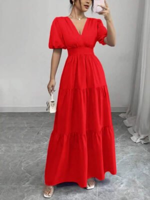 Solid-color Short-sleeve High-waisted Long Dress For Women