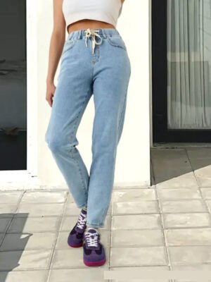 Casual All-Match Trousers Straight-Leg Pants Elastic Waist Womens Jeans