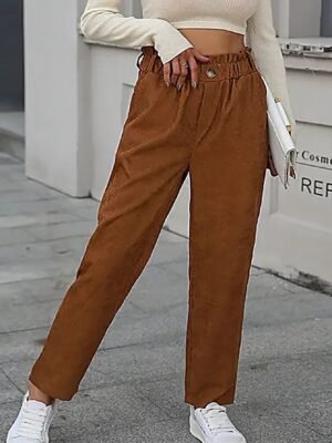 Women's Corduroy Paper Bag Waist Straight Leg Pants, High Waist Elastic Casual Trousers For Daily Street Wear