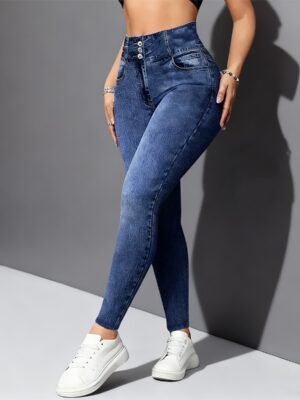 European And American Denim-like Printed Tight Trousers