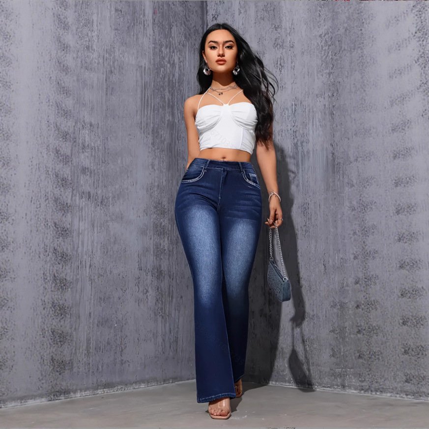 Stretchy Yoga And Fitness Leggings With A Denim-inspired Print
