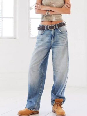 American-style Vintage Washed Distressed Loose-fit Wide-leg Jeans