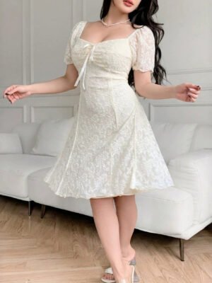 Womens Boat-neckline Waist-cinched Lace Dress