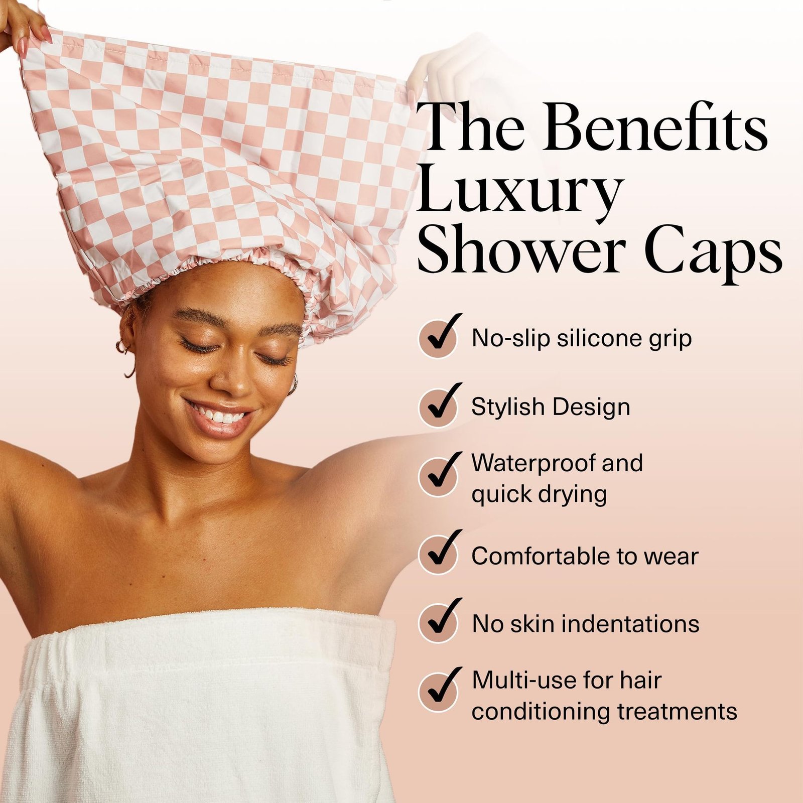 Three-layer Waterproof Shower Cap Lined With A Plaid Pattern ā Image 5