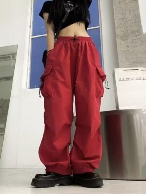 American-style Vintage Work Pants For Men And Women, Summer Versatile Straight-leg, Drapey, Cuffed, Loose Wide-leg Casual Pants-red