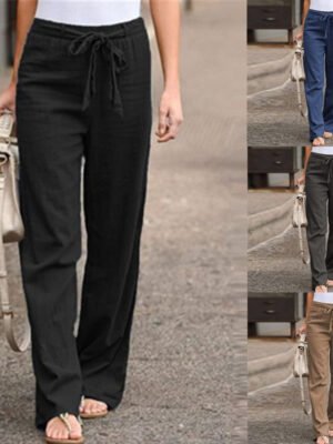 2025 Cross-Border Women's Clothing Wish Aliexpress Summer Elastic Waist Solid Color Cotton Linen Wide-Leg Pants Loose Long Pants For Women