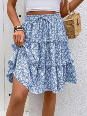 European And American Womens Skirt With Ruffled Hem And Floral Print